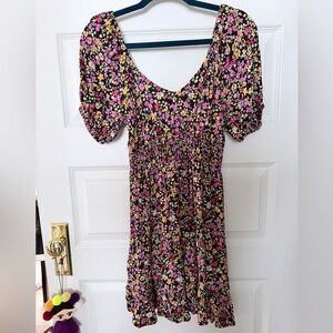 Billabong Black Midi Dress with Pink & Yellow Floral Print
